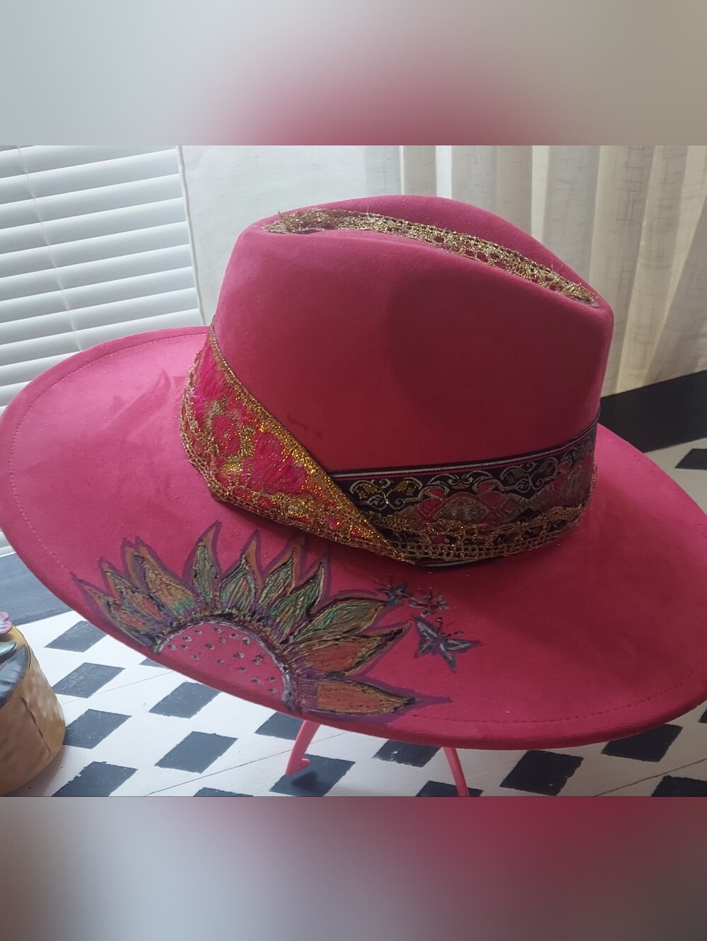Handcrafted Women's Pink Embellished Wide-Brim Hat